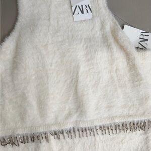 Zara Cream Fuzzy Knit Matching Set with Beaded Trim